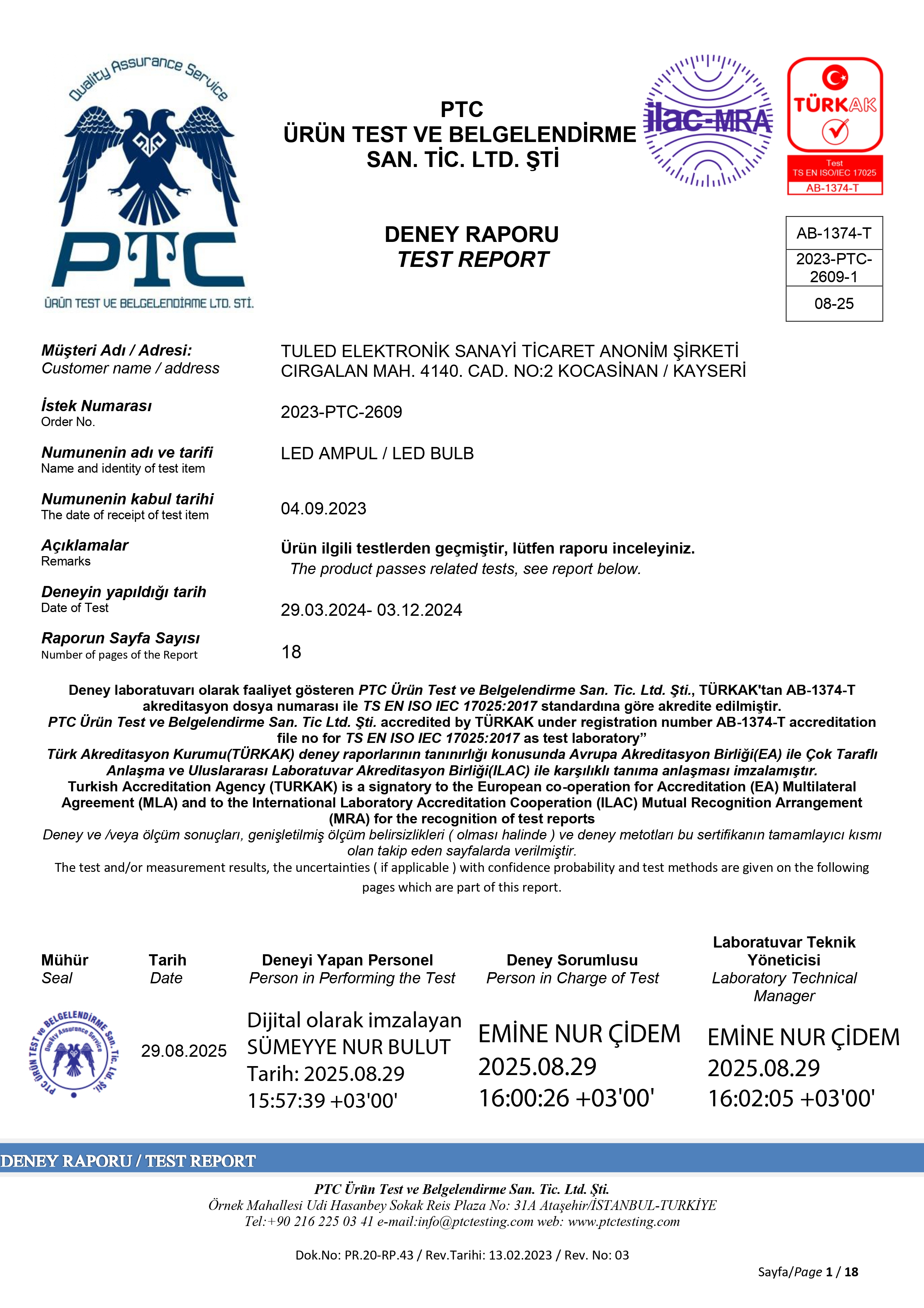 LED Bulb PTC Sertifikası